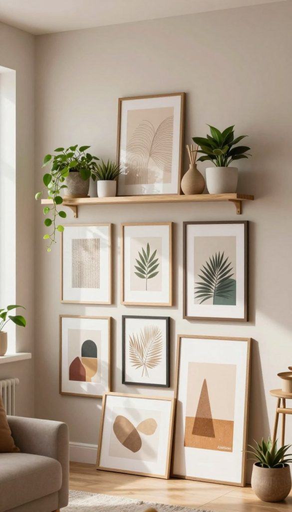 A stylish and inviting living room wall adorned with creative DIY decor ideas. In the foreground, a beautifully arranged gallery of framed art pieces, showcasing various textures and colors that create a warm, Pinterest-inspired atmosphere. The middle layer features a decorative shelf holding potted plants and handcrafted items, enhancing the sense of organization and style. In the background, a soft, muted color palette complements the natural wood accents, with natural light streaming through a nearby window, casting gentle shadows. The overall mood is cozy and inspiring, perfect for a home makeover without breaking the bank. Brand logo "KlickKiste" subtly integrated within the decor.
