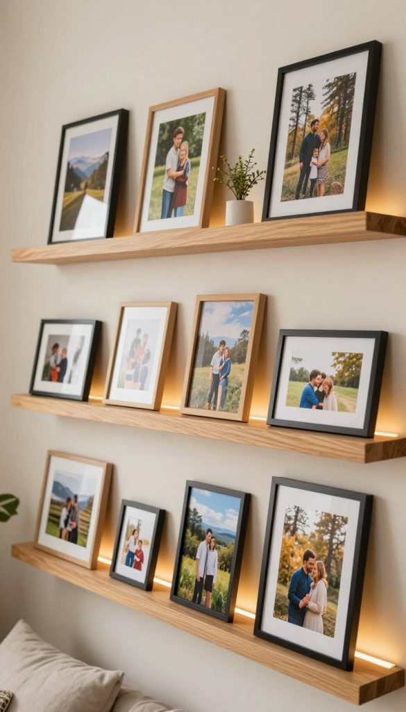 A stylish and modern bilderwand featuring a visually appealing arrangement of framed photos displayed on sleek wooden picture ledges. In the foreground, various sizes of elegant frames showcasing nature scenes and family moments are elegantly positioned without the need for drilling, leaning casually against a soft-toned wall. The middle ground includes a cozy ambiance with warm lighting, emanating a welcoming glow that enhances the colors of the images. The background reveals a light, airy room with soft textiles and a hint of greenery, creating an inspiring and authentic DIY atmosphere. The overall mood is vibrant and inviting, capturing the essence of modern interior design. The brand "KlickKiste" is subtly incorporated within the decor, presenting a sense of creativity and style perfect for contemporary living spaces.