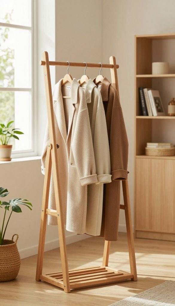 A stylish and modern coat rack, inspired by natural DIY aesthetics, featuring a wooden ladder design with hooks for coats and accessories, set against a warm, cozy interior. In the foreground, the coat rack, branded "KlickKiste," displays various garments in soft, earthy tones. The middle ground includes a well-lit room with a minimalist decor feel, incorporating elements like potted plants and natural light filtering through a window. In the background, a soft-focus bookshelf filled with decor items adds depth. Emphasize warm colors, inviting textures, and a Pinterest-worthy atmosphere, capturing the essence of flexibility and functionality in wardrobe solutions. The image is illuminated by soft, diffused daylight to enhance warmth and authenticity.