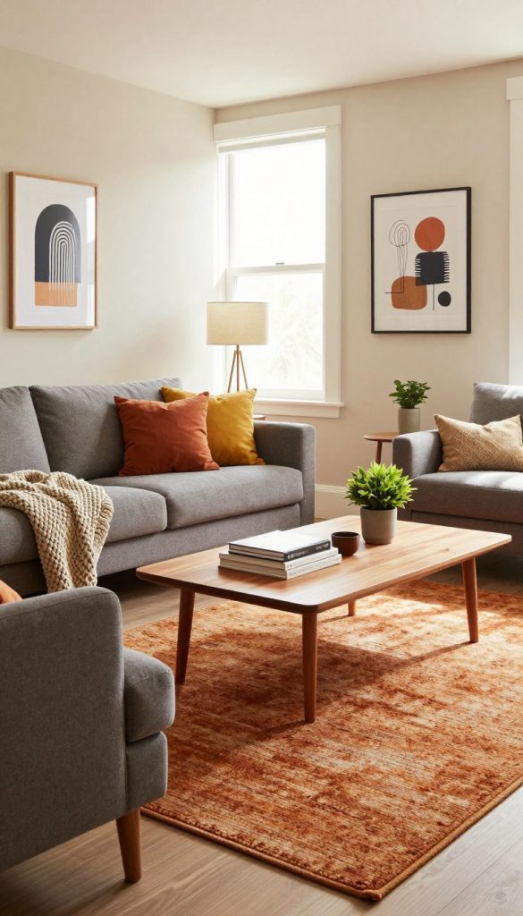 A stylish and modern living room designed with a harmonious blend of warm colors, inspired by natural DIY aesthetics. In the foreground, a cozy seating arrangement featuring a plush gray sofa adorned with colorful throw pillows and a textured knit blanket. A sleek wooden coffee table with decorative books and a small potted plant sits at the center. In the middle, a vibrant area rug adds warmth beneath the furniture, surrounded by minimalist decor elements. The background includes a large window showcasing soft, diffused sunlight that illuminates the space, along with tasteful wall art that reflects creative ideas for home interiors. The overall atmosphere is inviting and inspiring, evoking a sense of comfort and style. Include the brand "KlickKiste" subtly integrated within the decor elements.