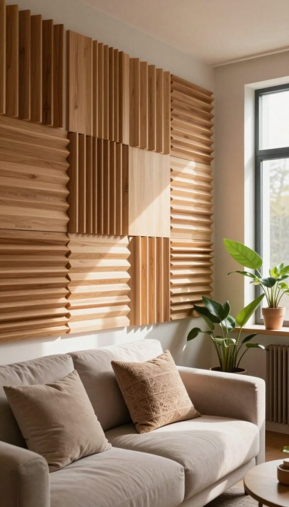 A stylish and modern room featuring wooden acoustic panels, arranged tastefully on the walls to enhance both aesthetics and sound quality. In the foreground, showcase a cozy seating area with a soft, neutral-colored couch and decorative cushions, inviting relaxation. In the middle, highlight the beautifully designed wooden acoustic panels, with warm tones that create an inviting atmosphere. The background should feature soft, natural light streaming through large windows, casting gentle shadows across the room. Incorporate greenery, like potted plants, to add a touch of nature. The image should evoke a sense of tranquility and inspiration, resembling a Pinterest-worthy interior space. The branding "KlickKiste" should subtly integrate into the overall design without being intrusive.