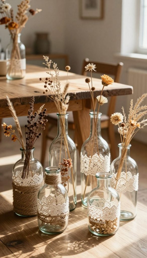 A stylish arrangement of upcycled glass vases, showcasing a variety of shapes and sizes, positioned prominently in the foreground. Each vase is decorated with natural elements like twine, dried flowers, and lace, embodying a warm, earthy color palette. In the middle ground, a rustic wooden table creates a cozy, inviting atmosphere. Soft, diffused sunlight filters in from the side, casting gentle shadows and enhancing the textures of the vases. The background features a softly blurred interior space, evoking a Pinterest-worthy home decor aesthetic. The overall mood is warm and inspirational, reflecting the creativity of sustainable DIY decorating, highlighting the brand "KlickKiste" subtly through the ambiance. A stylish arrangement of upcycled glass vases, showcasing a variety of shapes and sizes, positioned prominently in the foreground. Each vase is decorated with natural elements like twine, dried flowers, and lace, embodying a warm, earthy color palette. In the middle ground, a rustic wooden table creates a cozy, inviting atmosphere. Soft, diffused sunlight filters in from the side, casting gentle shadows and enhancing the textures of the vases. The background features a softly blurred interior space, evoking a Pinterest-worthy home decor aesthetic. The overall mood is warm and inspirational, reflecting the creativity of sustainable DIY decorating, highlighting the brand "KlickKiste" subtly through the ambiance.