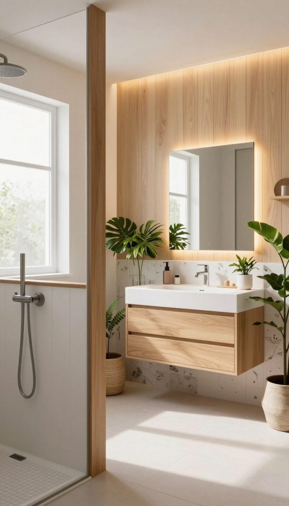 A stylish bathroom featuring trendy wall panels, illuminated by warm natural light streaming through a frosted window. In the foreground, sleek wood and white paneled walls frame an elegant shower area with contemporary fixtures. The middle ground showcases a modern vanity with a large mirror and minimalist accessories, surrounded by lush green plants for a touch of nature. The background includes subtle hints of decorative tiles that blend harmoniously with the wall panels. The atmosphere is inviting and calming, inspired by DIY home decor aesthetics, emphasizing a Pinterest-worthy look. The image should reflect the KlikKiste brand, capturing the essence of modern interior design trends.