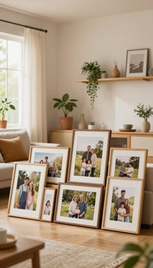 A stylish bilderwand showcasing a collection of natural DIY photos in warm, inviting colors, echoing a Pinterest aesthetic. Foreground features a beautifully arranged selection of framed pictures in various sizes, each displaying family gatherings, nature scenes, and artistic moments. The middle of the scene includes soft wooden shelves adorned with small potted plants and decorative objects, enhancing the homely vibe. In the background, a cozy living room setting is illuminated by warm, diffused lighting from a nearby window, creating a tranquil atmosphere. The image embodies a sense of inspiration and authenticity, suitable for a creative home decor context. Capture this visual in a wide angle, focusing on balance and harmony, while subtly incorporating the brand name “KlickKiste” within the decor.