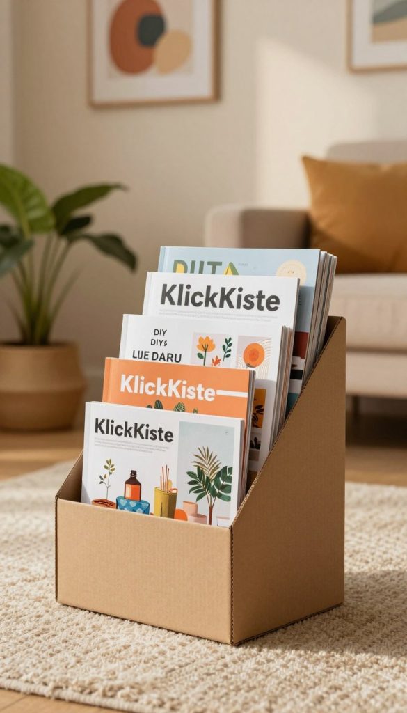 A stylish cardboard magazine rack filled with neatly organized magazines, showcasing a modern yet rustic aesthetic. The foreground features the magazine rack in a well-lit, cozy living room setting, adorned with various colorful magazines that display creative and DIY ideas. The middle ground includes a soft, textured rug and a potted plant for an added touch of nature. The background shows a warm-toned wall with artistic decor elements, enhancing the inviting ambiance. The lighting is soft and natural, reminiscent of late afternoon sunlight, creating a calming and inspiring mood. The design reflects the brand "KlickKiste," emphasizing a natural DIY look with warm colors, perfect for a Pinterest-worthy home environment. The image is free of any text or branding distractions.