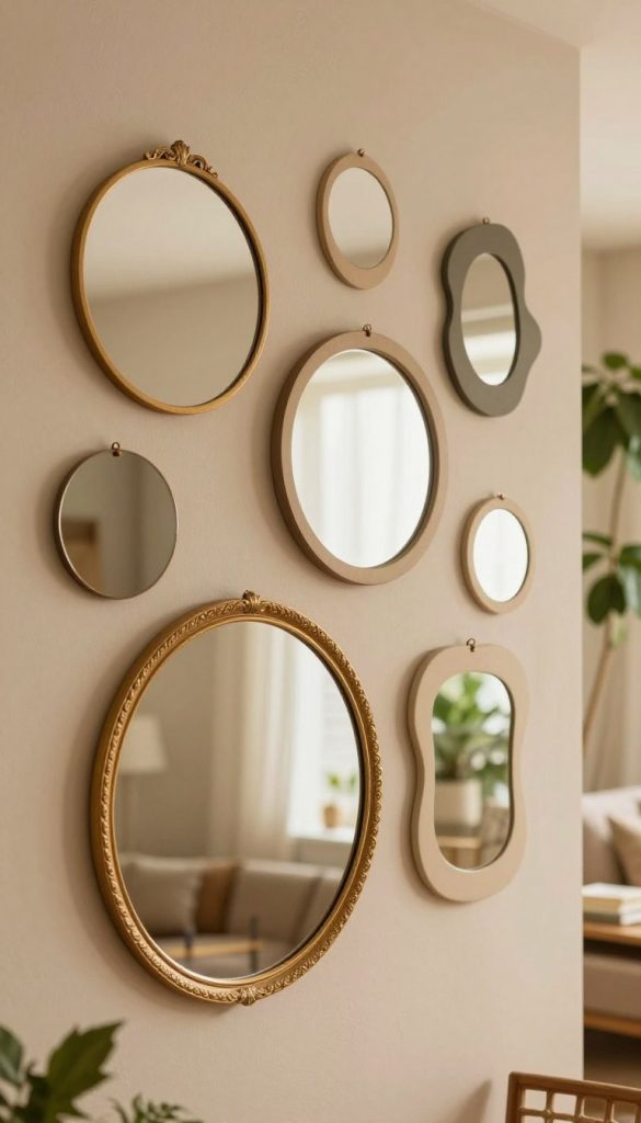 A stylish decor scene featuring a decorative wall mirror from brand "KlickKiste," showcasing various shapes, including circular and asymmetrical designs. In the foreground, a beautifully designed round mirror with an intricate golden frame reflects soft, warm lighting. The middle ground displays an assortment of asymmetrical mirrors with organic shapes, hung artistically on a textured beige wall. In the background, subtle hints of lush indoor plants and a cozy, inviting room atmosphere create a soothing mood. The lighting should be natural and diffused, emphasizing the warmth and authenticity of the DIY decor style, reminiscent of a Pinterest aesthetic. Focus on capturing a harmonious blend of modern design and inviting ambiance, inspiring creativity for home decoration.