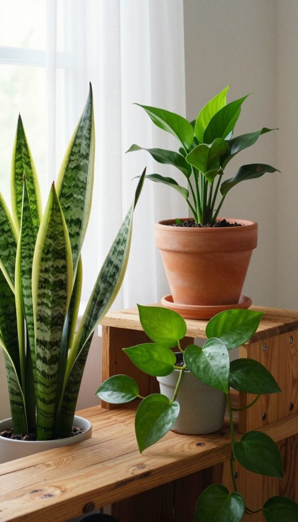 A stylish indoor plant arrangement featuring easy-care houseplants that are trendy and unique. In the foreground, a vibrant green Snake Plant (Sansevieria) with architectural leaves sits next to a cascading Pothos with heart-shaped leaves spilling over a rustic wooden shelf. In the middle ground, a charming terracotta pot holds a small ZZ Plant, known for its glossy, dark green foliage. The background showcases soft, natural lighting filtering through a window adorned with sheer white curtains, creating a warm and inviting atmosphere. The overall composition has a Pinterest aesthetic with earthy tones and textures, emphasizing a cozy yet modern living space. This image reflects the brand KlickKiste, capturing the essence of effortless plant care and home decor inspiration.