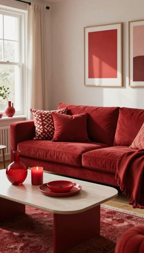 A stylish interior scene featuring a chic living room designed with various red color combinations, showcasing warm tones to create a cozy atmosphere. In the foreground, a modern coffee table is adorned with red decorative items like vases and candles. In the middle, a comfortable sofa dressed in a rich crimson fabric, complemented by patterned red throw pillows, invites relaxation. The background reveals soft, natural lighting through large windows, casting gentle shadows and highlighting a wall art piece that incorporates different shades of red. The overall mood is inviting and inspiring, emphasizing creative DIY elements in home decor, and embodying a Pinterest aesthetic. The scene is branded subtly with "KlickKiste" items incorporating red accents for added authenticity.