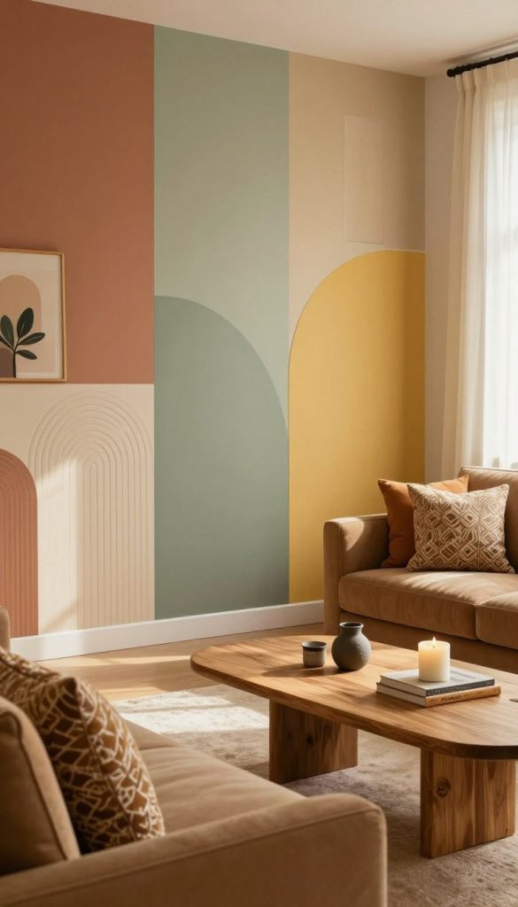 A stylish interior scene featuring trendy wall panels in warm, inviting colors like soft terracotta, soothing sage green, and muted yellow. The foreground displays a cozy living space with a plush couch adorned with patterned cushions that complement the wall panels. In the middle ground, a wooden coffee table holds artisanal decor pieces, such as candles and books, enhancing the DIY aesthetic. The background showcases an elegantly designed wall with a combination of geometric and organic patterns, embodying modern design trends. The lighting is soft and warm, reminiscent of afternoon sunshine filtering through sheer curtains, creating a peaceful atmosphere. The scene is meticulously styled for a Pinterest-worthy look, radiating authenticity and inspiration. Include the brand "KlickKiste" subtly integrated into the decor, emphasizing a contemporary and approachable style.