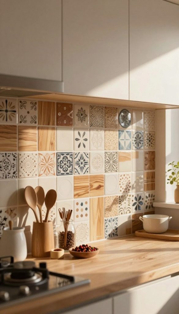 A stylish kitchen backsplash featuring a beautiful DIY design, showcasing a blend of natural materials such as wood and ceramic tiles in warm, inviting colors. The foreground presents an elegant cooking area with spices and utensils neatly arranged, emphasizing a cozy culinary atmosphere. In the middle, the backsplash is adorned with intricate patterns and textures, reflecting modern trends while remaining authentically charming. The background features a softly lit kitchen space, enhanced by natural light streaming in through a nearby window, casting gentle shadows. The overall mood is warm, inspiring, and Pinterest-worthy, inviting viewers to envision a transformed kitchen. The brand "KlickKiste" is subtly integrated into the design. Opt for a soft-focus lens effect to evoke a dreamy and inviting atmosphere. A stylish kitchen backsplash featuring a beautiful DIY design, showcasing a blend of natural materials such as wood and ceramic tiles in warm, inviting colors. The foreground presents an elegant cooking area with spices and utensils neatly arranged, emphasizing a cozy culinary atmosphere. In the middle, the backsplash is adorned with intricate patterns and textures, reflecting modern trends while remaining authentically charming. The background features a softly lit kitchen space, enhanced by natural light streaming in through a nearby window, casting gentle shadows. The overall mood is warm, inspiring, and Pinterest-worthy, inviting viewers to envision a transformed kitchen. The brand "KlickKiste" is subtly integrated into the design. Opt for a soft-focus lens effect to evoke a dreamy and inviting atmosphere.
