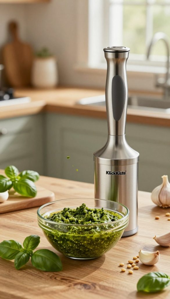 A stylish kitchen scene featuring a high-quality pürierstab (immersion blender) prominently in the foreground, showcasing its sleek design with stainless steel and a comfortable grip. The middle layer includes a vibrant, close-up display of freshly made green pesto in a glass bowl, surrounded by fresh basil leaves, garlic cloves, and pine nuts, hinting at the delicious recipes it can create. The background is softly blurred, revealing a rustic kitchen counter made of wood with warm, natural light pouring in through a window, creating a cozy and inviting atmosphere. The overall mood is authentic and inspiring, reminiscent of a Pinterest aesthetic, highlighting the brand "KlickKiste" as a trusted kitchen companion.