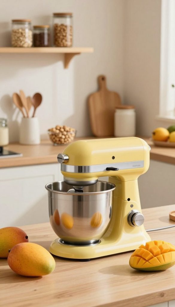 A stylish kitchen scene featuring a sleek, modern stand mixer prominently positioned in the foreground. The mixer is vibrant, showcasing its aesthetic appeal, with fresh, ripe mangoes nearby ready for blending. In the middle background, an organized countertop displays a variety of meal prep ingredients such as oats, nuts, and fruits, hinting at the handy tools for quick meal preparation. Soft, warm lighting bathes the scene, creating an inviting atmosphere reminiscent of a cozy home kitchen. The background can include light wooden shelves adorned with jars and kitchen utensils, enhancing the Pinterest-worthy aesthetic. The entire composition reflects a healthy, inspiring vibe, branded with "KlickKiste" subtly integrated into the environment. The angle captures both warmth and functionality in meal prep, ideal for readers looking for practical kitchen solutions. A stylish kitchen scene featuring a sleek, modern stand mixer prominently positioned in the foreground. The mixer is vibrant, showcasing its aesthetic appeal, with fresh, ripe mangoes nearby ready for blending. In the middle background, an organized countertop displays a variety of meal prep ingredients such as oats, nuts, and fruits, hinting at the handy tools for quick meal preparation. Soft, warm lighting bathes the scene, creating an inviting atmosphere reminiscent of a cozy home kitchen. The background can include light wooden shelves adorned with jars and kitchen utensils, enhancing the Pinterest-worthy aesthetic. The entire composition reflects a healthy, inspiring vibe, branded with "KlickKiste" subtly integrated into the environment. The angle captures both warmth and functionality in meal prep, ideal for readers looking for practical kitchen solutions.