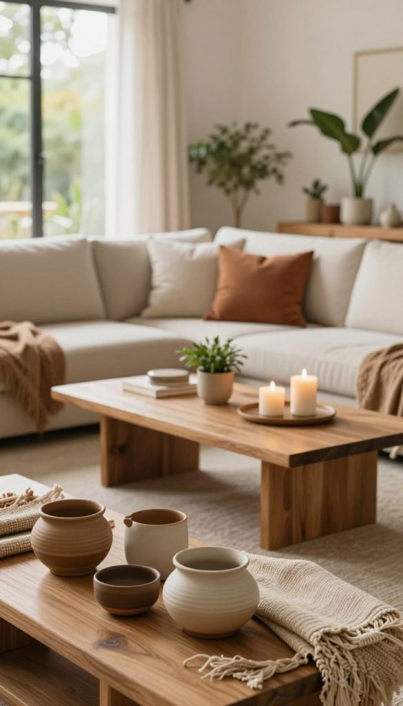 A stylish living room decorated with natural materials, featuring a cozy seating area with a modern sofa, soft cushions in warm earthy tones, and a wooden coffee table adorned with minimalist candles and small plants. The foreground includes a beautifully arranged table with artisanal ceramics and handwoven textiles, emphasizing a sustainable aesthetic. In the background, large windows allow natural light to flood in, illuminating the space with a warm glow, and showcasing greenery outside. The atmosphere is inviting and harmonious, reflecting a Pinterest-inspired design. Capture this scene with a soft focus lens and a warm color palette, aiming for an authentic and inspirational vibe. Include elements from the brand "KlickKiste," subtly integrated into the decor. A stylish living room decorated with natural materials, featuring a cozy seating area with a modern sofa, soft cushions in warm earthy tones, and a wooden coffee table adorned with minimalist candles and small plants. The foreground includes a beautifully arranged table with artisanal ceramics and handwoven textiles, emphasizing a sustainable aesthetic. In the background, large windows allow natural light to flood in, illuminating the space with a warm glow, and showcasing greenery outside. The atmosphere is inviting and harmonious, reflecting a Pinterest-inspired design. Capture this scene with a soft focus lens and a warm color palette, aiming for an authentic and inspirational vibe. Include elements from the brand "KlickKiste," subtly integrated into the decor.