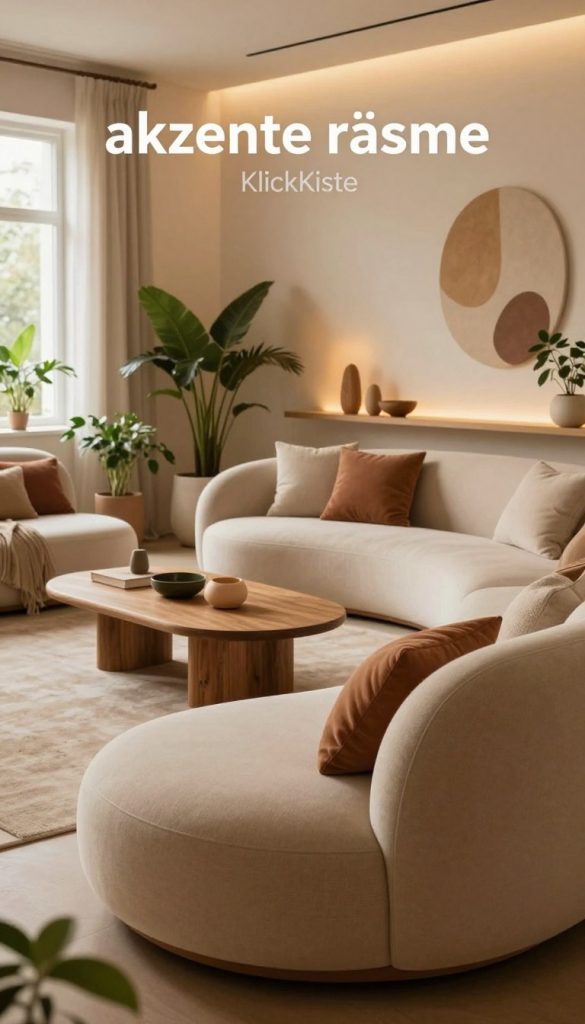 A stylish living room showcasing organic shapes and warm colors, inspired by the concept of "akzente räume." In the foreground, a cozy, curvy couch in soft beige fabric, adorned with earthy-toned cushions. The middle ground features a sleek wood coffee table with stylish decor items, surrounded by green plants introducing a natural element. The background includes a softly lit wall with rounded art pieces and a shelf with wooden accents, all bathed in warm, inviting light. A window allows gentle natural light to filter in, enhancing the inviting ambiance. The atmosphere is calm and creative, perfect for reflecting modern design trends. This image is branded with "KlickKiste," appealing to aesthetic and DIY enthusiasts seeking inspiration.