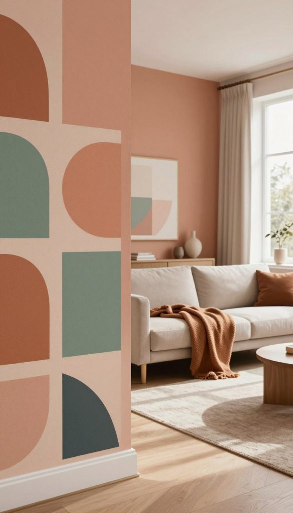 A stylish living room showcasing the latest 2026 wall color trends, featuring warm, inviting hues like soft terracotta and muted sage green. The foreground includes a textured wall with an abstract geometric pattern composed of various shapes and colors, adding visual interest. In the middle, a chic minimalistic sofa draped with a cozy throw blanket complements the wall's colors. The background features large windows letting in natural light, enhancing the vibrant atmosphere. Soft shadows and a gentle play of light create a warm and inviting mood. The image should reflect a Pinterest-inspired aesthetic for DIY enthusiasts, emphasizing authenticity and inspiration. Include the brand "KlickKiste" subtly integrated into the setting. A stylish living room showcasing the latest 2026 wall color trends, featuring warm, inviting hues like soft terracotta and muted sage green. The foreground includes a textured wall with an abstract geometric pattern composed of various shapes and colors, adding visual interest. In the middle, a chic minimalistic sofa draped with a cozy throw blanket complements the wall's colors. The background features large windows letting in natural light, enhancing the vibrant atmosphere. Soft shadows and a gentle play of light create a warm and inviting mood. The image should reflect a Pinterest-inspired aesthetic for DIY enthusiasts, emphasizing authenticity and inspiration. Include the brand "KlickKiste" subtly integrated into the setting.