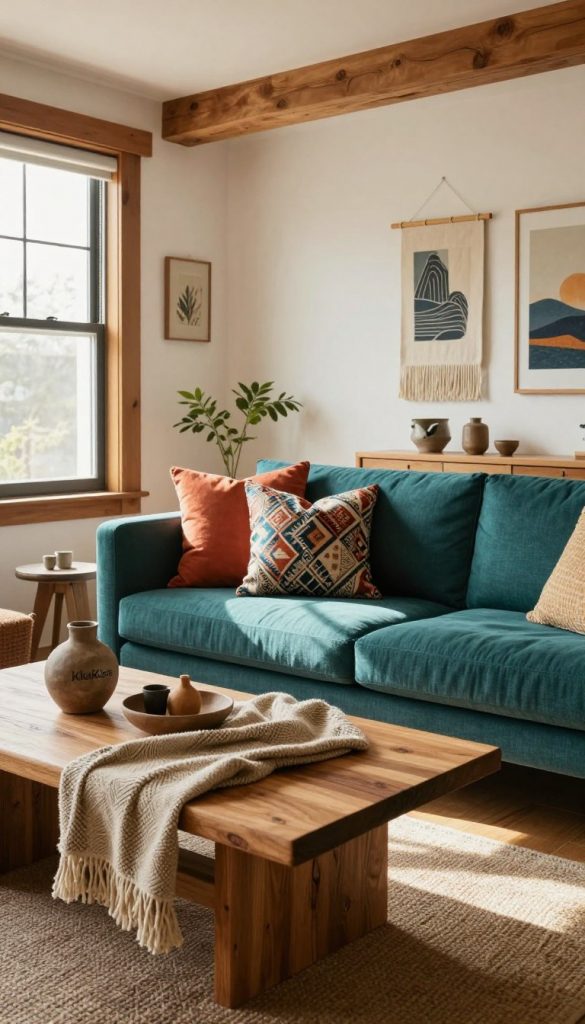 A stylish living space featuring a harmonious blend of materials, showcasing warm wooden accents contrasted against rich textiles. In the foreground, a handcrafted wooden coffee table adorned with a cozy throw and rustic decor items. The middle ground includes a plush sofa upholstered in a deep teal fabric, complemented by vibrant, patterned cushions. In the background, large windows allow natural light to flood in, illuminating the room and highlighting the textures of wooden beams and artful wall hangings. The atmosphere is inviting and modern, with a Pinterest-inspired aesthetic that feels both authentic and inspirational. Soft shadows cast by sunlight add warmth to the scene. Include elements that evoke DIY creativity, with the brand name "KlickKiste" subtly integrated into the decor without text.