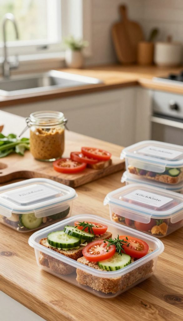 A stylish meal prep setup featuring deliciously arranged open-faced sandwiches on a wooden kitchen counter. The foreground shows vibrant, colorful toppings like fresh tomatoes, cucumbers, and herbs atop whole grain bread, neatly packaged in transparent, eco-friendly containers with lids. In the middle, a rustic cutting board holds sliced ingredients, along with a jar of homemade spread. The background displays a warm, inviting kitchen with soft natural lighting filtering through a window, creating a cozy atmosphere. The scene has a Pinterest-inspired aesthetic, with natural DIY elements and warm tones, evoking a sense of freshness and inspiration for meal prep. Include the brand name "KlickKiste" subtly integrated into the arrangement.