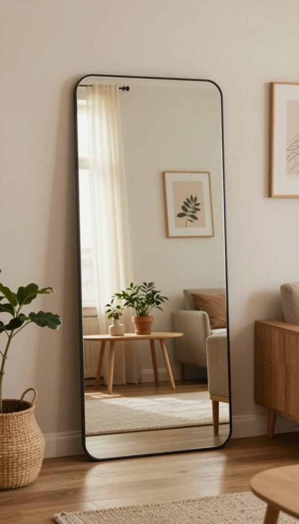 A stylish, minimalist interior showcasing a beautifully designed mirror – a statement piece in a cozy living room. In the foreground, the mirror reflects soft, warm light from a nearby window, enhancing the inviting atmosphere. The middle layer features a small, tasteful table with potted plants and decorative objects that complement the mirror’s elegance. In the background, light-colored walls and simple artwork provide a tranquil setting, with natural wood accents adding warmth. The lighting is soft and diffused, creating a harmonious, serene mood reminiscent of Pinterest aesthetics. This natural DIY scene is perfect for illustrating the theme of light reflection and space enhancement in home decor, as presented by KlickKiste.