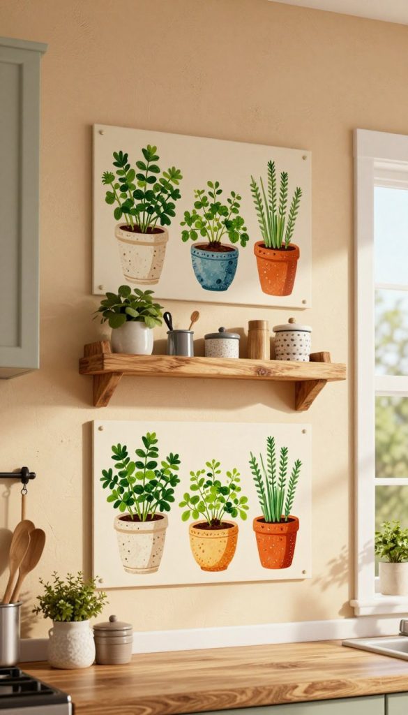 A stylish, modern kitchen wall decor featuring an inspiring DIY design by KlickKiste. In the foreground, display vibrant wall art showcasing fresh herbs in charming pots, accented by a rustic wooden shelf adorned with neatly arranged kitchen tools. The middle layer includes a textured wall painted in warm, inviting colors, giving a cozy atmosphere. In the background, soft, natural sunlight filters through a window, casting gentle shadows that enhance the depth of the scene. The overall composition conveys a Pinterest-inspired aesthetic, emphasizing authenticity, creativity, and warmth. The image should evoke a sense of home and inspire viewers with functional yet beautiful kitchen wall decor ideas. A stylish, modern kitchen wall decor featuring an inspiring DIY design by KlickKiste. In the foreground, display vibrant wall art showcasing fresh herbs in charming pots, accented by a rustic wooden shelf adorned with neatly arranged kitchen tools. The middle layer includes a textured wall painted in warm, inviting colors, giving a cozy atmosphere. In the background, soft, natural sunlight filters through a window, casting gentle shadows that enhance the depth of the scene. The overall composition conveys a Pinterest-inspired aesthetic, emphasizing authenticity, creativity, and warmth. The image should evoke a sense of home and inspire viewers with functional yet beautiful kitchen wall decor ideas.