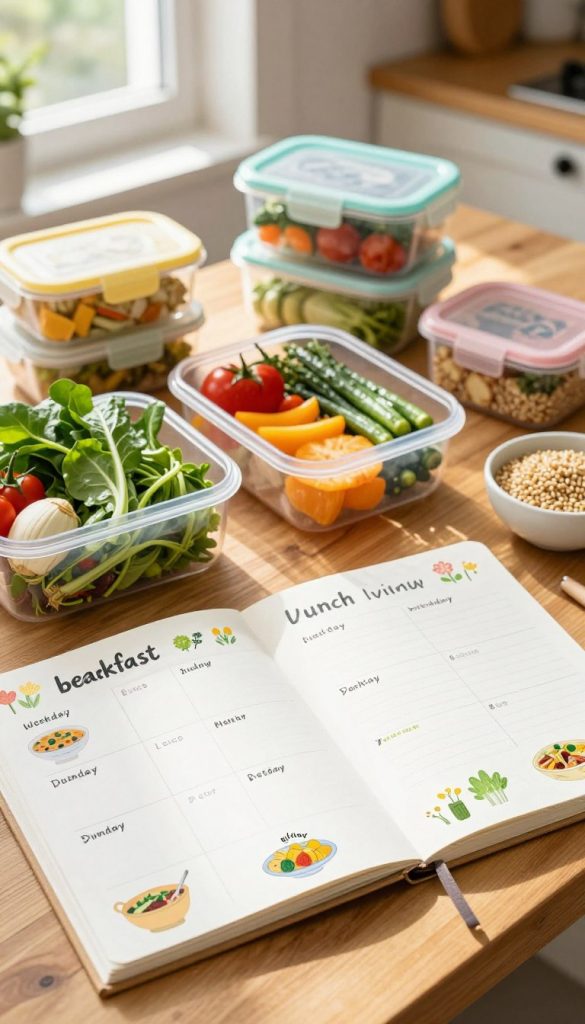 A stylish, organized weekly meal planner laid out on a wooden kitchen table, showcasing fresh ingredients like vibrant greens, assorted colorful vegetables, and grains. In the foreground, a realistic weekly schedule is creatively designed with sections for breakfast, lunch, and dinner, accentuated by small illustrations of healthy meals. The middle ground features various meal prep containers filled with prepared food, embodying a spring theme with floral accents and pastel hues. In the background, warm sunlight filters through a window, casting soft shadows that create an inviting atmosphere. The entire scene radiates a cozy, homemade feel and reflects a Pinterest aesthetic. Brand name “KlickKiste” subtly integrated into the design of the planner.