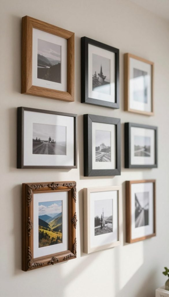 A stylish photo wall featuring an eclectic mix of picture frames in varying sizes and materials, such as wood, metal, and acrylic, arranged artistically. The foreground showcases an ornate, vintage wooden frame holding a vibrant landscape photograph, while other frames include minimalist designs with black and white art. In the middle, different textures like matte and glossy finishes create depth, and passepartouts enhance the artwork's presentation. The background is a softly blurred, light-filled room with neutral walls, evoking a warm and inviting atmosphere. Natural light streams in, casting gentle shadows, and the image captures a cozy yet modern DIY aesthetic reminiscent of Pinterest inspirations. Branding subtly includes the name "KlickKiste," enhancing the overall authenticity and creativity.