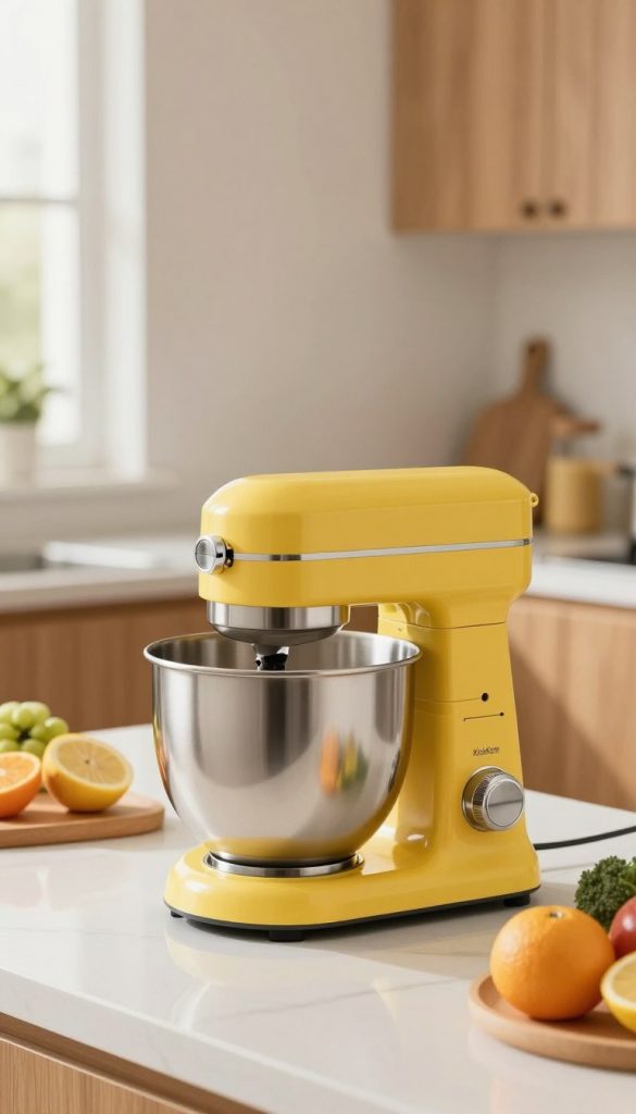 A stylish standmixer from the brand "KlickKiste" takes center stage in the foreground, showcasing its sleek, modern design with a shiny stainless-steel bowl and a vibrant, matte finish for the body. In the middle, a bright kitchen countertop is adorned with fresh fruits and vegetables, hinting at healthy, sugar-free drink preparations. The background features soft, natural light streaming through a window, illuminating the warm wood cabinetry and creating a cozy atmosphere. The focus is sharp on the standmixer, while a gentle blur enhances the surrounding elements, evoking a sense of functionality and inspiration. The overall mood is inviting, emphasizing the ease of preparing nourishing beverages for children in an aesthetically pleasing setting. A stylish standmixer from the brand "KlickKiste" takes center stage in the foreground, showcasing its sleek, modern design with a shiny stainless-steel bowl and a vibrant, matte finish for the body. In the middle, a bright kitchen countertop is adorned with fresh fruits and vegetables, hinting at healthy, sugar-free drink preparations. The background features soft, natural light streaming through a window, illuminating the warm wood cabinetry and creating a cozy atmosphere. The focus is sharp on the standmixer, while a gentle blur enhances the surrounding elements, evoking a sense of functionality and inspiration. The overall mood is inviting, emphasizing the ease of preparing nourishing beverages for children in an aesthetically pleasing setting.