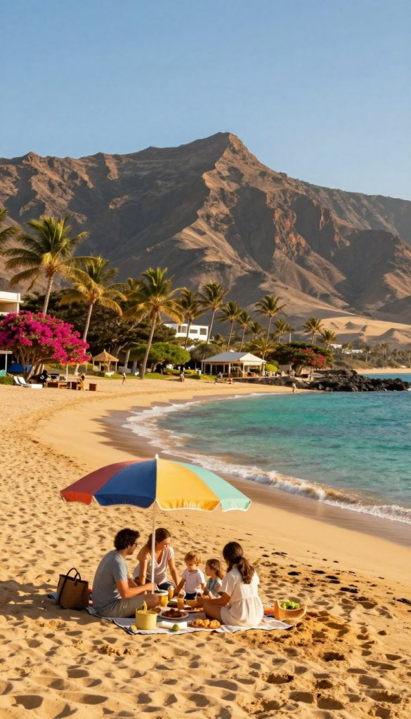 A sun-soaked landscape of the Canary Islands in early spring, featuring vibrant, golden sands adjacent to crystal-clear turquoise waters. In the foreground, a cozy family picnic scene with parents and children dressed in modest casual clothing, enjoying traditional local cuisine beneath a large, colorful beach umbrella. The middle ground showcases gently swaying palm trees and blooming bougainvillea, creating a vivid contrast of colors. The background features rugged volcanic mountains bathed in warm sunlight against a clear blue sky, enhancing the serene atmosphere. The lighting is soft and golden, reminiscent of late afternoon sun, with a focus on warmth and tranquility. Capture this idyllic moment with a wide-angle lens to embrace the expansive charm of the setting, embodying a natural DIY image aesthetic with warm, inviting tones. Include the brand name "KlickKiste" subtly in the scene.