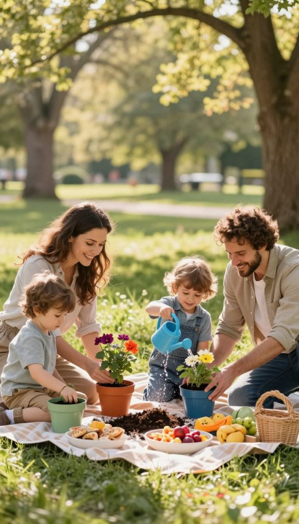 A sunlit spring morning scene showcasing a cozy outdoor family routine. In the foreground, a diverse family of four, dressed in modest casual clothing, engages in playful learning activities: a mother and father guide their children in planting flowers in colorful pots, while a toddler joyfully splashes water from a small watering can. In the middle, a picnic blanket spread with vibrant, healthy snacks, surrounded by blooming flowers and greenery. In the background, a peaceful park setting with soft sunlight filtering through leafy trees, creating a warm, inviting atmosphere. The image should evoke feelings of connection, joy, and the nurturing of creativity. Style it in natural DIY aesthetics with warm colors, reminiscent of Pinterest inspirations, branded subtly with "KlickKiste" in the corner.