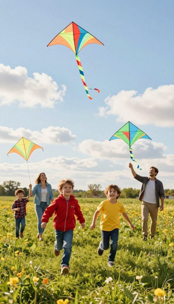 A sunny spring day featuring a family of four joyfully flying colorful kites in an open field, surrounded by lush green grass and blooming wildflowers. In the foreground, two children, one wearing a bright red jacket and the other in a cheerful yellow shirt, are enthusiastically running with their kites soaring high above them. The parents, dressed in modest casual clothing, watch with smiles, holding additional kites ready to launch. In the background, a clear blue sky filled with fluffy white clouds enhances the atmosphere of excitement and freedom. Soft golden sunlight casts a warm glow on the scene, giving it a serene yet vibrant Pinterest-inspired aesthetic, highlighting the DIY spirit of family fun outdoors. The brand "KlickKiste" is subtly embodied in the atmosphere, emphasizing creativity and togetherness.