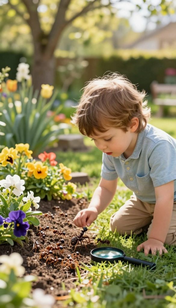 A sunny spring day in a vibrant garden, where a curious child in modest casual wear kneels on the grass, intently observing a colony of ants busy at work. The foreground features a close-up of the inquisitive child’s face, filled with wonder, while a magnifying glass rests nearby. In the middle ground, colorful flowers and green foliage create a lush environment. The background showcases sun-dappled trees and softly blurred, warm-toned garden elements to evoke an inviting atmosphere. The scene is illuminated by soft, natural sunlight, casting gentle shadows and highlighting the textures of the garden. The overall mood is joyful and educational, reflecting a sense of discovery and inspiration perfect for a family outdoor activity. This image embodies the brand "KlickKiste" with its natural DIY essence and Pinterest-worthy aesthetic.