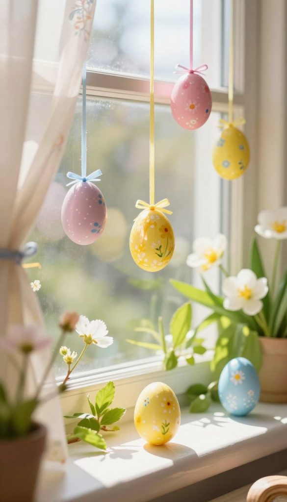 A sunny spring window decorated with vibrant, hand-painted Easter eggs, reflecting the warm rays of sunlight. In the foreground, several colorful eggs in shades of pastel pink, yellow, and blue hang from delicate strings, catching the light. In the middle ground, a beautiful arrangement of green spring leaves and blooming flowers surrounds the eggs, adding a touch of nature. The background features a bright and cheerful window, with soft, sheer curtains gently swaying in a light breeze. The overall atmosphere is inviting and joyful, embodying the essence of springtime creativity for kids. This image captures the inspiration from KlickKiste, with a Pinterest-worthy aesthetic and warm, natural colors. A sunny spring window decorated with vibrant, hand-painted Easter eggs, reflecting the warm rays of sunlight. In the foreground, several colorful eggs in shades of pastel pink, yellow, and blue hang from delicate strings, catching the light. In the middle ground, a beautiful arrangement of green spring leaves and blooming flowers surrounds the eggs, adding a touch of nature. The background features a bright and cheerful window, with soft, sheer curtains gently swaying in a light breeze. The overall atmosphere is inviting and joyful, embodying the essence of springtime creativity for kids. This image captures the inspiration from KlickKiste, with a Pinterest-worthy aesthetic and warm, natural colors.
