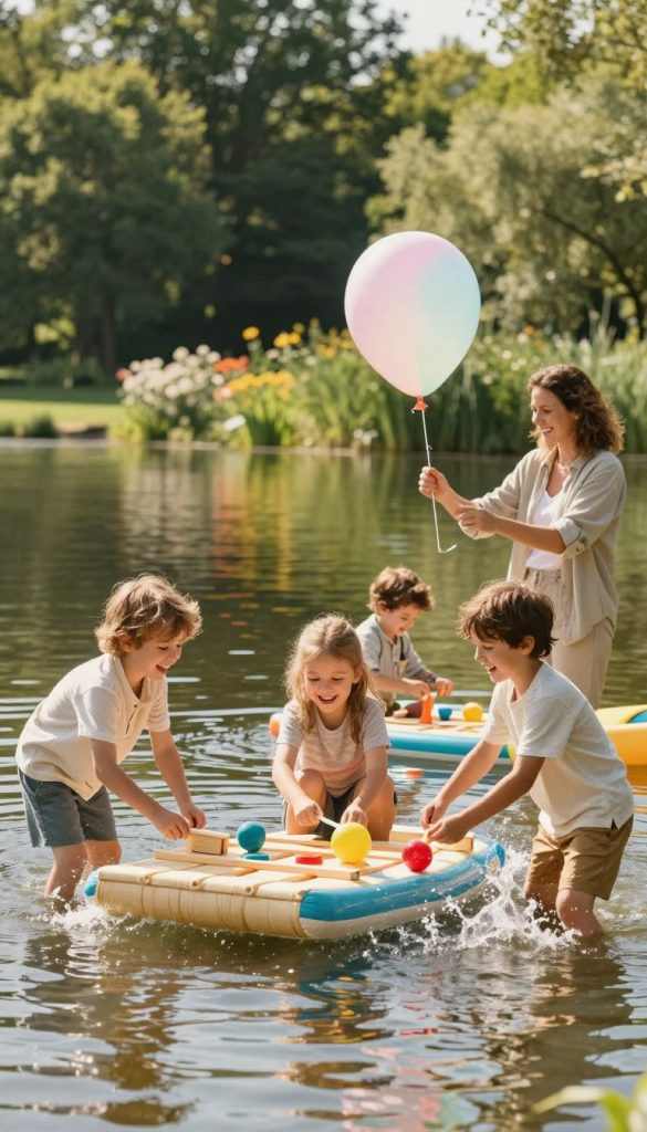 A sunny summer day by the water, showcasing a family engaging in DIY projects such as building a small wooden raft and creating a colorful water balloon launch. In the foreground, children laugh and splash in the water, wearing light, casual clothing, their faces filled with joy and excitement. In the middle, a parents supervise, creating a fun and safe environment. The background features a serene lake surrounded by lush green trees and flowers, bathed in warm sunlight that creates a vibrant and inviting atmosphere. Soft reflections dance on the water's surface, capturing the essence of summer adventure. The whole scene embodies a natural, DIY aesthetic with warm colors, reminiscent of Pinterest inspiration, highlighting the brand "KlickKiste." A sunny summer day by the water, showcasing a family engaging in DIY projects such as building a small wooden raft and creating a colorful water balloon launch. In the foreground, children laugh and splash in the water, wearing light, casual clothing, their faces filled with joy and excitement. In the middle, a parents supervise, creating a fun and safe environment. The background features a serene lake surrounded by lush green trees and flowers, bathed in warm sunlight that creates a vibrant and inviting atmosphere. Soft reflections dance on the water's surface, capturing the essence of summer adventure. The whole scene embodies a natural, DIY aesthetic with warm colors, reminiscent of Pinterest inspiration, highlighting the brand "KlickKiste."