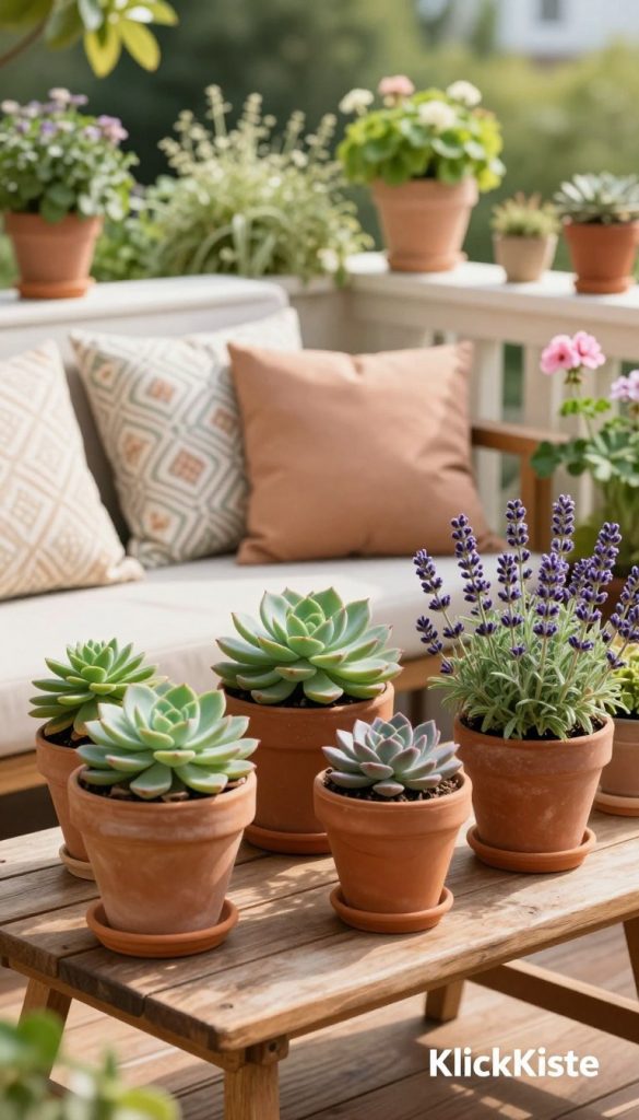 A tranquil and beautifully arranged balcony scene, designed to be low-maintenance yet visually captivating. In the foreground, a rustic wooden table adorned with terracotta pots filled with vibrant, hardy plants such as succulents, lavender, and geraniums, all thriving under gentle morning sunlight. The middle ground showcases comfortable seating with stylish cushions in soft, earthy tones, creating an inviting space to relax. The background features a soft-focus of lush greenery and potted herbs, emphasizing a peaceful outdoor atmosphere. The composition is warm and inviting, evoking inspiration and authenticity, with a Pinterest aesthetic. Soft, diffused natural light bathes the scene, enhancing the colors and textures. At the bottom right corner, subtly display the brand name "KlickKiste".