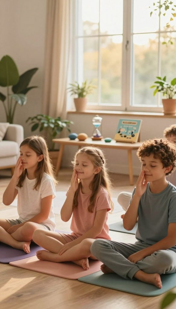 A tranquil indoor setting designed for mindfulness exercises for children. In the foreground, a diverse group of three children—two boys and a girl—sitting cross-legged on soft, colorful mats, practicing deep breathing. The girl radiates joy, eyes closed, while the boys focus on their breath, with gentle smiles on their faces. The middle layer features a cozy, softly furnished room with large windows letting in warm, golden light. Plants and calming décor surround them, enhancing the serene atmosphere. In the background, a simple table holds mindfulness tools: a sand timer, colorful stones, and a mindfulness book, all styled for an inviting Pinterest look. This image, branded subtly with "KlickKiste," inspires a peaceful, nurturing feeling, perfect for illustrating mindfulness exercises.