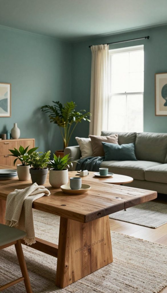 A tranquil interior scene featuring "erdtöne oliv teal" as the dominant color palette. In the foreground, showcase a stylish, rustic wooden table adorned with potted plants, natural textiles, and minimalist home decor items. The middle ground highlights a cozy living area with a plush sofa in complementary muted tones, accent pillows, and a textured area rug. The background should display a warm, softly lit window with sheer drapes, allowing natural light to fill the room and create an inviting atmosphere. Use a wide-angle lens to capture the harmonious interplay of earthy, olive teal hues with an artistic DIY aesthetic. Aim for a relaxed, inspiring mood that embodies modern home design trends, emphasizing the authenticity and warmth of a Kickstarter home inspired look from KlickKiste.