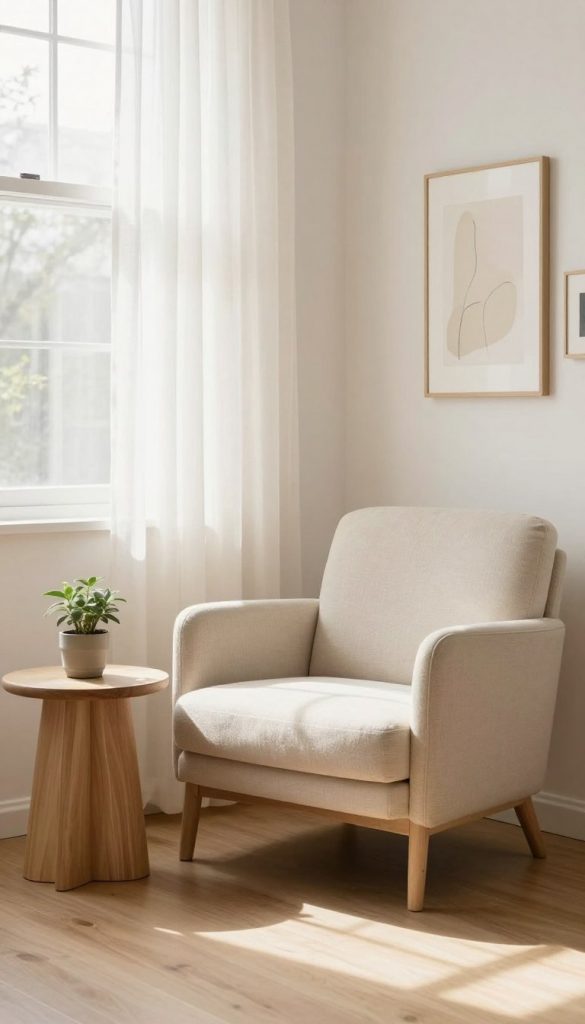 A tranquil living space designed in soft minimalism, featuring a cozy reading nook with a plush, light-colored armchair and a simple wooden side table adorned with a small potted plant. The background showcases a sunlit window with sheer linen curtains, allowing warm natural light to flood the room. On one wall, a gallery of understated abstract art adds an elegant touch without overwhelming the scene. The floor is a light, natural wood, contributing to the warmth of the space. The atmosphere is peaceful and inviting, embodying the principles of soft minimalism. Capture this scene with soft focus, bright lighting, and a slightly elevated angle to emphasize depth while showcasing the inviting DIY aesthetic of KlickKiste. A tranquil living space designed in soft minimalism, featuring a cozy reading nook with a plush, light-colored armchair and a simple wooden side table adorned with a small potted plant. The background showcases a sunlit window with sheer linen curtains, allowing warm natural light to flood the room. On one wall, a gallery of understated abstract art adds an elegant touch without overwhelming the scene. The floor is a light, natural wood, contributing to the warmth of the space. The atmosphere is peaceful and inviting, embodying the principles of soft minimalism. Capture this scene with soft focus, bright lighting, and a slightly elevated angle to emphasize depth while showcasing the inviting DIY aesthetic of KlickKiste.