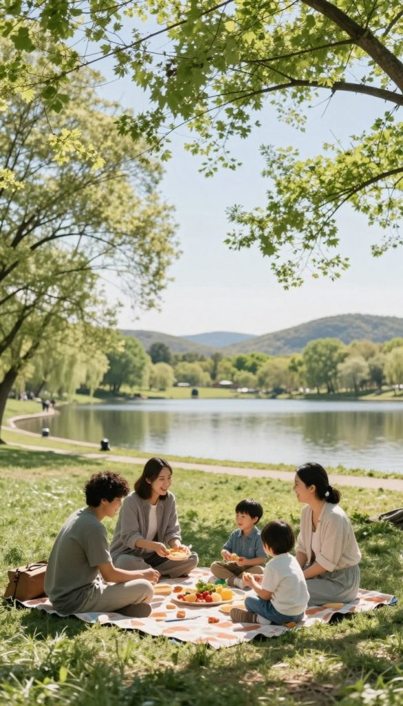A tranquil park scene capturing a leisurely family outing during spring. In the foreground, a diverse family of four—two adults and two children—engages in a joyful picnic on a colorful blanket. They are dressed in modest casual clothing, radiating happiness and connection as they share food and laughter. In the middle ground, blooming trees with lush green leaves provide dappled sunlight, creating a warm and inviting atmosphere. The background features a serene lake, reflecting the clear blue sky, with gently rolling hills framing the scene. Soft, natural lighting enhances the freshness of the day, while a hint of a breeze rustles the leaves, adding a sense of movement. This authentic, DIY-inspired image embodies the spirit of family organization and stress-free outings, ideal for the brand KlickKiste. A tranquil park scene capturing a leisurely family outing during spring. In the foreground, a diverse family of four—two adults and two children—engages in a joyful picnic on a colorful blanket. They are dressed in modest casual clothing, radiating happiness and connection as they share food and laughter. In the middle ground, blooming trees with lush green leaves provide dappled sunlight, creating a warm and inviting atmosphere. The background features a serene lake, reflecting the clear blue sky, with gently rolling hills framing the scene. Soft, natural lighting enhances the freshness of the day, while a hint of a breeze rustles the leaves, adding a sense of movement. This authentic, DIY-inspired image embodies the spirit of family organization and stress-free outings, ideal for the brand KlickKiste.
