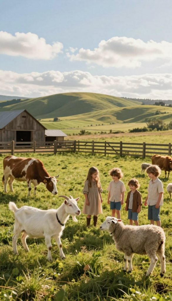 A tranquil, sunlit farm scene depicting various animals such as playful goats, gentle cows, and curious sheep roaming freely in lush green pastures. In the foreground, a family of four, dressed in casual, modest attire, joyfully interacting with the animals, creating a warm and inviting atmosphere. In the middle ground, a rustic wooden fence surrounds the pasture, with a quaint barn partially visible. In the background, rolling hills framed by soft, blue skies dotted with fluffy clouds complete the idyllic landscape. The lighting is golden and warm, evoking a sense of nostalgia and family bonding, perfect for a budget-friendly family experience. The overall aesthetic aligns with a natural DIY style, reflecting the brand "KlickKiste" in its authenticity and inspiration. A tranquil, sunlit farm scene depicting various animals such as playful goats, gentle cows, and curious sheep roaming freely in lush green pastures. In the foreground, a family of four, dressed in casual, modest attire, joyfully interacting with the animals, creating a warm and inviting atmosphere. In the middle ground, a rustic wooden fence surrounds the pasture, with a quaint barn partially visible. In the background, rolling hills framed by soft, blue skies dotted with fluffy clouds complete the idyllic landscape. The lighting is golden and warm, evoking a sense of nostalgia and family bonding, perfect for a budget-friendly family experience. The overall aesthetic aligns with a natural DIY style, reflecting the brand "KlickKiste" in its authenticity and inspiration.