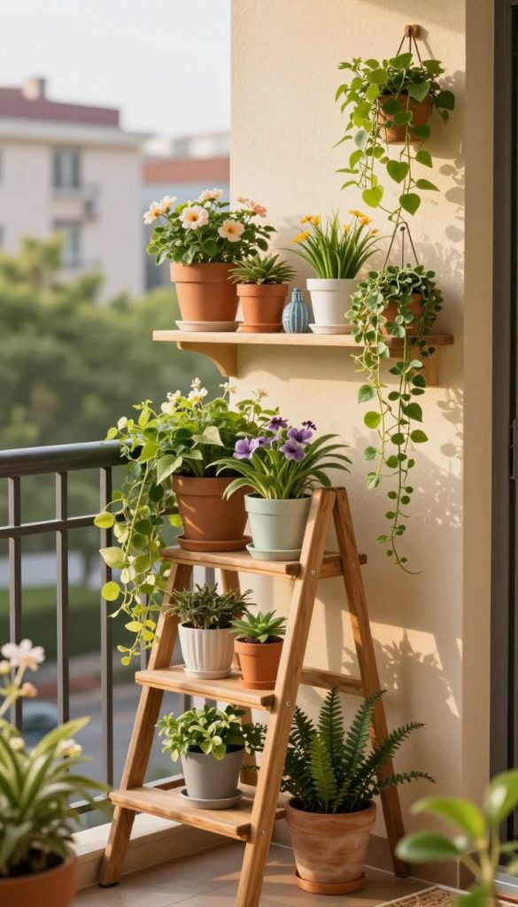 A vertical balcony decoration scene featuring a charming, small balcony adorned with a variety of greenery and flowers. In the foreground, a stylish wooden ladder acts as a plant stand, overflowing with vibrant potted plants and cascading vines. In the middle, a wall shelf displays several colorful flower pots and decorative items, enhancing the depth of the image. The background shows a serene urban setting with soft, warm lighting creating a cozy atmosphere, suggesting a sunny spring day. The composition has a Pinterest-inspired aesthetic, emphasizing natural DIY elements with warm, inviting colors. Brand name "KlickKiste" subtly integrated into the decor. Perspective captures the balcony's verticality, focusing on the layering of plants.