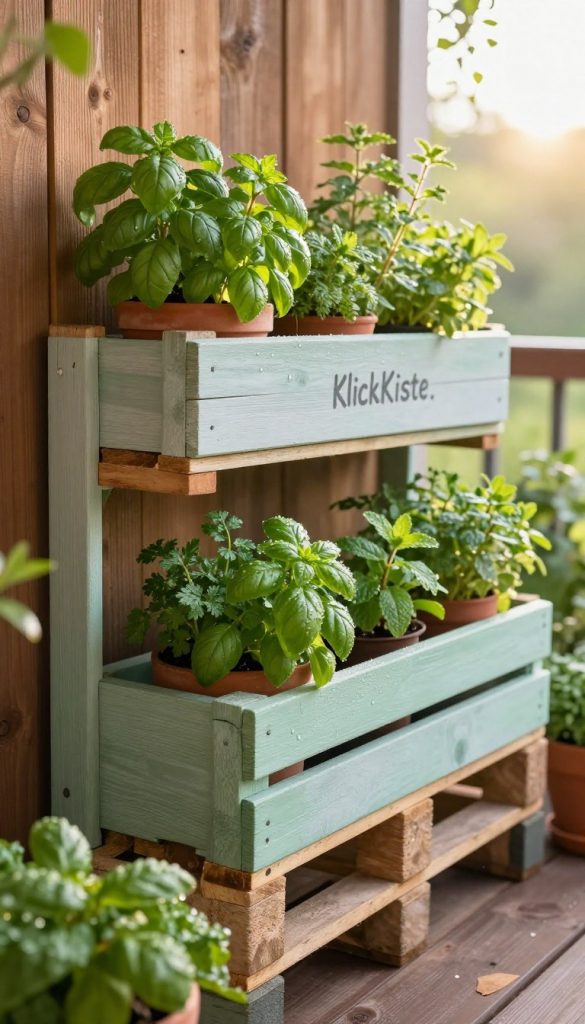 A vertical herb garden made from upcycled wooden pallets, filled with vibrant green herbs like basil, parsley, and mint, meticulously arranged against a rustic wooden wall. The foreground features a close-up of the herbs, showcasing dewdrops glistening in the morning sun. In the middle, the sturdy pallets are painted in soft pastels, accentuated with small terracotta pots. The background includes a cozy balcony scene with sunlight filtering through leafy plants, creating a warm, inviting atmosphere. The image captures a Pinterest-inspired aesthetic, blending natural elements with a touch of creativity. Perfectly embodies the DIY spirit of "KlickKiste". Ensure soft, diffused lighting for a serene look, with lens focus highlighting the lush greenery.