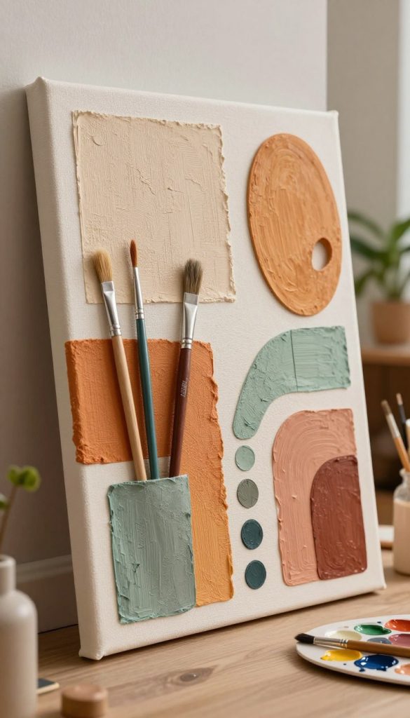 A vibrant DIY canvas artwork featuring a structured 3D relief design, showcasing a blend of warm, natural colors. In the foreground, the textured canvas piece is adorned with layered materials that create depth and intrigue, highlighting the artistry of maximalist wall design. The middle ground features tools like paintbrushes, palettes, and close-up details of the textures, inviting creativity. The background softly fades into a cozy, warmly-lit studio environment with hints of plants and art supplies, evoking a peaceful, inspiring mood. The composition is carefully shot from a slight angle to accentuate the dimensions of the canvas. The overall aesthetic resonates with a Pinterest-inspired vibe, emphasizing authenticity and innovative artistic expression. The brand name "KlickKiste" is subtly implied through the design style.