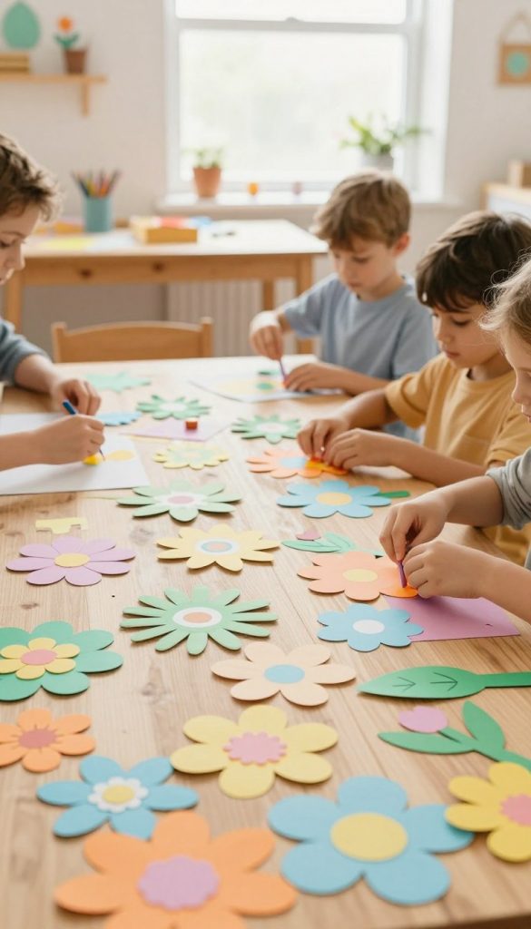 A vibrant DIY scene featuring handmade paper and cardboard decorations, perfect for spring crafting with children. In the foreground, display colorful paper flowers in various shapes and sizes, alongside intricately crafted cardboard garlands in warm pastel colors. The middle ground showcases children’s hands gently assembling the decorations, wearing modest, casual clothing, embodying creativity and joy. In the background, a sunny, well-lit workspace with wooden tables and natural light filtering through a window, creating a warm and inviting atmosphere. The overall mood is cheerful and inspiring, with an artistic touch reminiscent of Pinterest aesthetics. Include subtle branding elements reflecting "KlickKiste" in the decor. A vibrant DIY scene featuring handmade paper and cardboard decorations, perfect for spring crafting with children. In the foreground, display colorful paper flowers in various shapes and sizes, alongside intricately crafted cardboard garlands in warm pastel colors. The middle ground showcases children’s hands gently assembling the decorations, wearing modest, casual clothing, embodying creativity and joy. In the background, a sunny, well-lit workspace with wooden tables and natural light filtering through a window, creating a warm and inviting atmosphere. The overall mood is cheerful and inspiring, with an artistic touch reminiscent of Pinterest aesthetics. Include subtle branding elements reflecting "KlickKiste" in the decor.