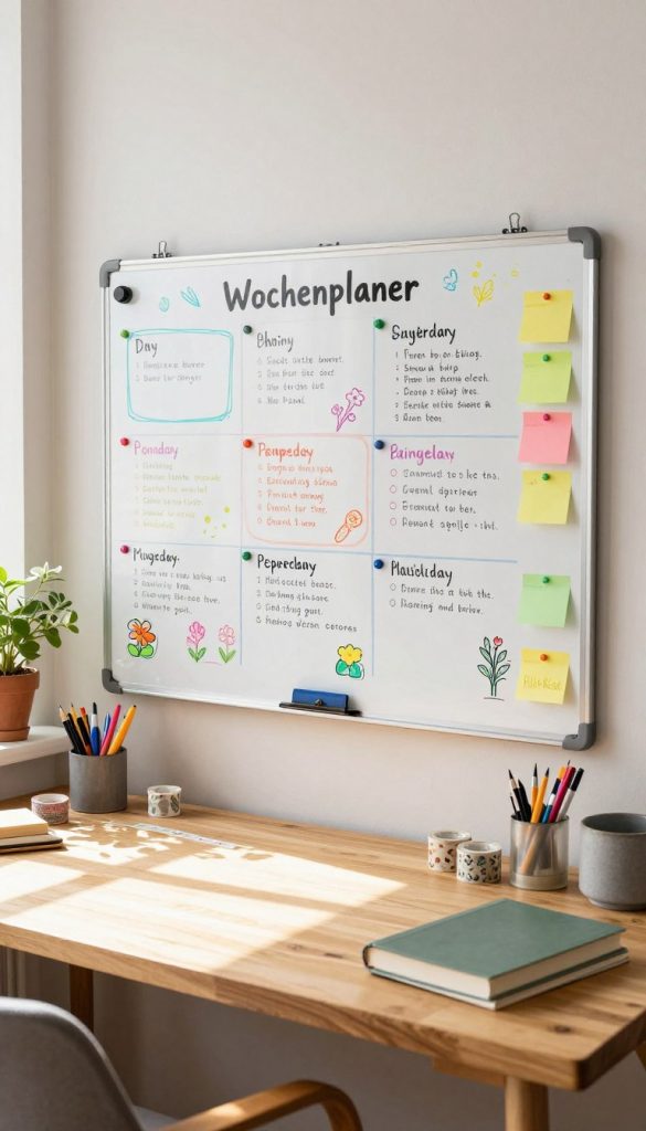 A vibrant Wochenplaner-Whiteboard displayed in a warm, inviting home office setting reminiscent of spring. The whiteboard is filled with colorful hand-drawn sections for each day of the week, organized with magnets holding bright post-it notes. In the foreground, a stylish wooden desk with natural light streaming in from a nearby window, casting soft shadows. The middle section showcases the whiteboard, surrounded by various eco-friendly stationery like washi tape and markers. In the background, subtle elements of spring, like potted plants and floral decorations, enhance the atmosphere. The overall mood is organized yet creative, fostering inspiration for family organization. The design reflects a Pinterest aesthetic, emphasizing authenticity. This image represents the brand "KlickKiste" through its harmonious and practical visual representation. A vibrant Wochenplaner-Whiteboard displayed in a warm, inviting home office setting reminiscent of spring. The whiteboard is filled with colorful hand-drawn sections for each day of the week, organized with magnets holding bright post-it notes. In the foreground, a stylish wooden desk with natural light streaming in from a nearby window, casting soft shadows. The middle section showcases the whiteboard, surrounded by various eco-friendly stationery like washi tape and markers. In the background, subtle elements of spring, like potted plants and floral decorations, enhance the atmosphere. The overall mood is organized yet creative, fostering inspiration for family organization. The design reflects a Pinterest aesthetic, emphasizing authenticity. This image represents the brand "KlickKiste" through its harmonious and practical visual representation.
