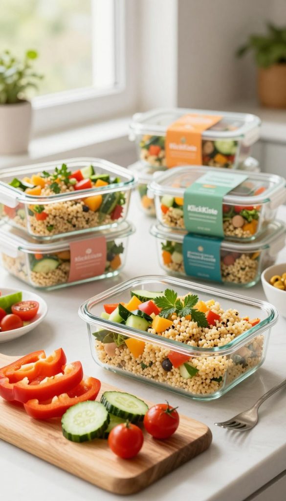 A vibrant, aesthetically pleasing meal prep scene featuring elegant glass meal containers filled with fresh couscous salad, garnished with colorful vegetables and herbs. In the foreground, a neatly arranged wooden cutting board shows chopped bell peppers, cucumbers, and cherry tomatoes. The middle section displays the containers, labeled with colorful tags, showcasing portioned servings ideal for work or school. In the background, a bright kitchen with natural light streaming through a window creates a warm and inviting atmosphere. Soft focus enhances the cozy feel, with hints of greenery from houseplants. The overall mood is organized, healthy, and inspiring, evoking a Pinterest-style aesthetic. A subtle brand logo for "KlickKiste" can be incorporated into the scene.