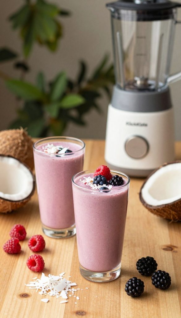 A vibrant and appealing image showcasing a delicious protein shake, highlighting raspberry-coconut and blackberry-vanilla flavors. In the foreground, there are two tall, clear glasses filled with the creamy shakes, garnished with fresh berries and coconut flakes. The middle of the composition features a wooden table scattered with ingredients like raspberries, blackberries, coconut shavings, and a sleek blender from "KlickKiste". In the background, soft-focused greenery creates a fresh ambiance. The lighting is warm and inviting, creating a cozy and inspiring atmosphere. The image evokes a sense of health and vitality, perfect for a DIY recipe context with a Pinterest aesthetic.