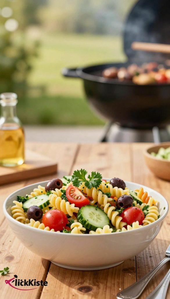 A vibrant and appetizing bowl of nudelsalat, featuring colorful ingredients such as spiraled pasta, cherry tomatoes, cucumbers, olives, and herbs like parsley, elegantly tossed together. In the foreground, the nudelsalat is placed on a rustic wooden table, showcasing a bright and inviting presentation. Soft, warm lighting enhances the natural colors of the dish, creating an inviting atmosphere. In the background, a blurred view of a sunny outdoor grill setting with hints of greenery and a barbecue in action, reflecting a social gathering. The overall mood is inviting and relaxed, ideal for large gatherings. The image is styled for a natural DIY aesthetic with a Pinterest-worthy look, embodying the brand "KlickKiste". A vibrant and appetizing bowl of nudelsalat, featuring colorful ingredients such as spiraled pasta, cherry tomatoes, cucumbers, olives, and herbs like parsley, elegantly tossed together. In the foreground, the nudelsalat is placed on a rustic wooden table, showcasing a bright and inviting presentation. Soft, warm lighting enhances the natural colors of the dish, creating an inviting atmosphere. In the background, a blurred view of a sunny outdoor grill setting with hints of greenery and a barbecue in action, reflecting a social gathering. The overall mood is inviting and relaxed, ideal for large gatherings. The image is styled for a natural DIY aesthetic with a Pinterest-worthy look, embodying the brand "KlickKiste".