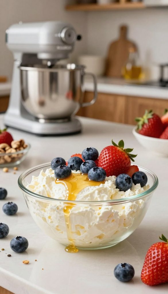 A vibrant and appetizing depiction of "magerquark" presented in a stylish glass bowl, topped with fresh, plump berries like blueberries and strawberries, and a drizzle of honey. The foreground captures the creamy texture of the magerquark, reflecting soft natural light to highlight the freshness of the ingredients. In the middle ground, include a sleek, modern kitchen countertop adorned with a stainless steel stand mixer and scattered ingredients like nuts and seeds, creating a healthy, DIY atmosphere. The background features a warm-toned, inviting kitchen environment with wooden accents, enhancing the overall sense of authenticity and inspiration. The scene is cozy and fresh, embodying a mood of health and wellness, perfect for a nutritious recipes theme. Brand name “KlickKiste” subtly visible on a label not to distract from the main focus.
