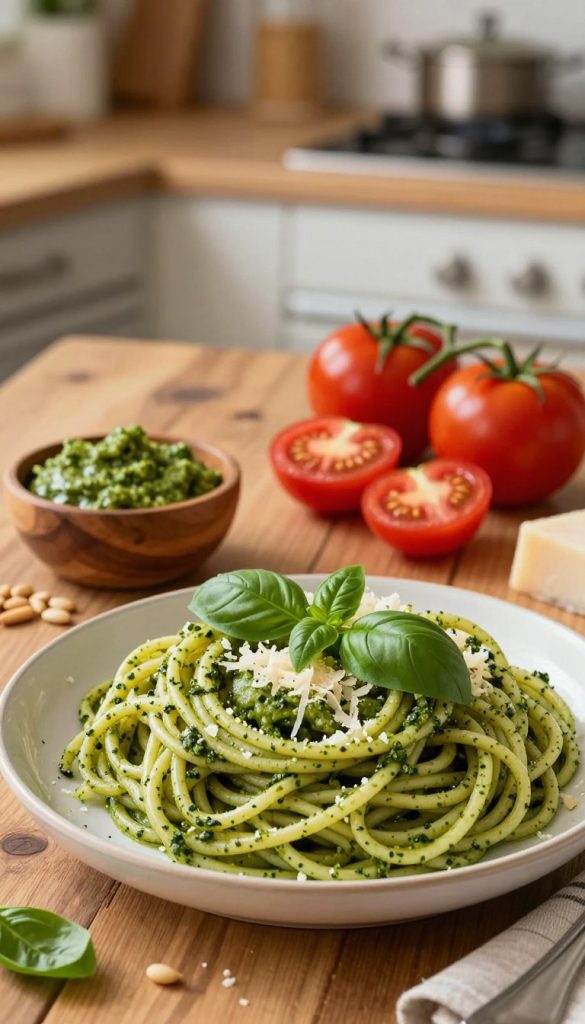 A vibrant and appetizing dish of pesto pasta with fresh, ripe tomatoes arranged artfully on a rustic wooden table. In the foreground, a generous serving of linguine coated in bright green basil pesto, garnished with fresh basil leaves and sprinkled with grated Parmesan cheese. The middle ground features halved cherry tomatoes adding a splash of red color, alongside a small wooden bowl of extra pesto and a few pine nuts for a natural touch. The background softly blurred showcases a cozy kitchen setting with warm, natural lighting that evokes a homely atmosphere. The composition gives a warm Pinterest-inspired aesthetic, emphasizing a fresh, healthy family meal vibe. This image represents the essence of "KlickKiste," inspiring quick and delicious family recipes.