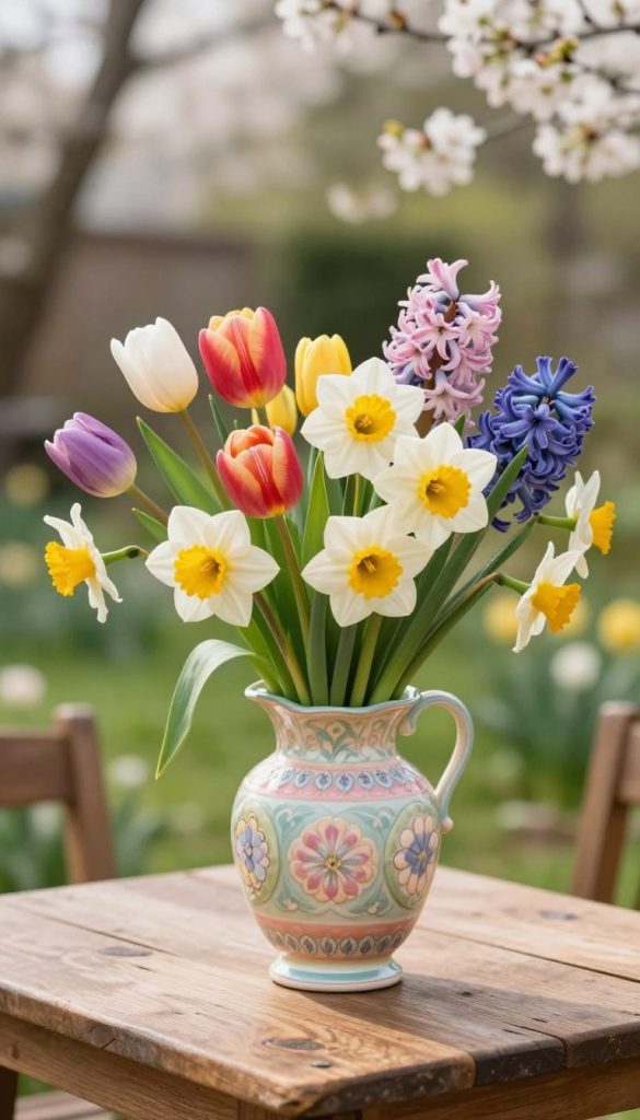 A vibrant and artistic arrangement of a vase filled with spring flowers such as tulips, daffodils, and hyacinths, carefully placed on a rustic wooden table. In the foreground, the vase is elegantly designed, showcasing pastel colors and intricate patterns. In the middle, the arrangement of the flowers captures the essence of spring with vivid colors and lush green leaves. The background features a softly blurred garden scene, hinting at blossoming plants and gentle sunlight filtering through trees, creating a warm and inviting atmosphere. The overall mood is fresh and inspiring, ideal for DIY spring decor ideas. The image reflects a natural, Pinterest-worthy aesthetic, emphasizing authenticity. Include the name "KlickKiste" subtly in the arrangement.