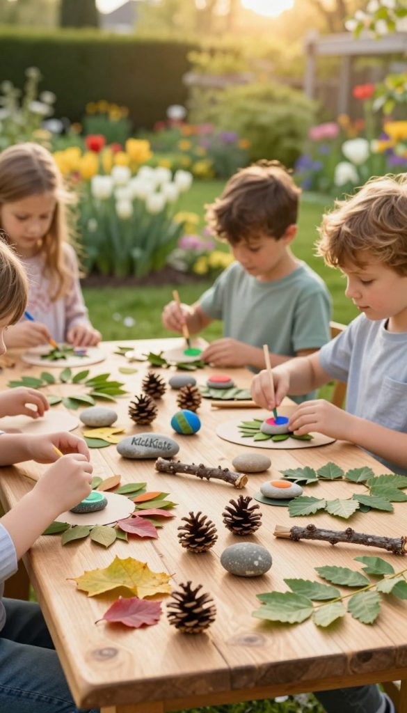 A vibrant and charming outdoor crafting scene featuring a variety of natural materials suitable for children's DIY projects. In the foreground, a wooden table is adorned with colorful leaves, pine cones, twigs, and stones, arranged in a playful manner, inviting creativity. In the middle ground, a few children dressed in modest casual clothing are joyfully engaged in making crafts, such as leaf garlands and painted stones, showcasing their artistic skills. The background reveals a lush garden filled with blooming flowers and greenery, bathed in warm, golden sunlight that enhances the tranquil and inspiring atmosphere. The image should have a soft focus effect, resembling a Pinterest-worthy aesthetic, and reflect the essence of spring. The brand "KlickKiste" subtly integrated into the scene, adding an authentic touch to this DIY outdoor experience. A vibrant and charming outdoor crafting scene featuring a variety of natural materials suitable for children's DIY projects. In the foreground, a wooden table is adorned with colorful leaves, pine cones, twigs, and stones, arranged in a playful manner, inviting creativity. In the middle ground, a few children dressed in modest casual clothing are joyfully engaged in making crafts, such as leaf garlands and painted stones, showcasing their artistic skills. The background reveals a lush garden filled with blooming flowers and greenery, bathed in warm, golden sunlight that enhances the tranquil and inspiring atmosphere. The image should have a soft focus effect, resembling a Pinterest-worthy aesthetic, and reflect the essence of spring. The brand "KlickKiste" subtly integrated into the scene, adding an authentic touch to this DIY outdoor experience.